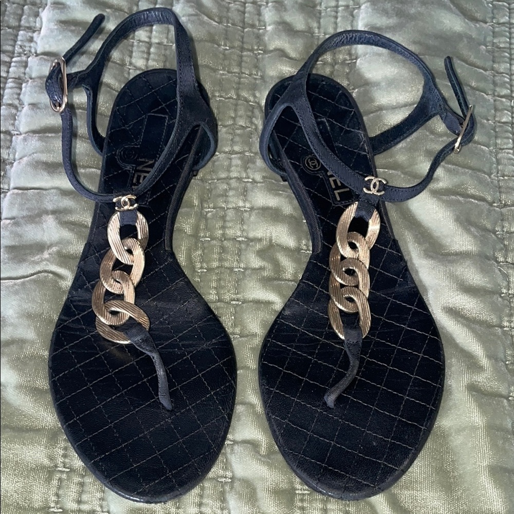 Authentic Chanel CC chainlink sandals black with gold accents quilted pre-loved
